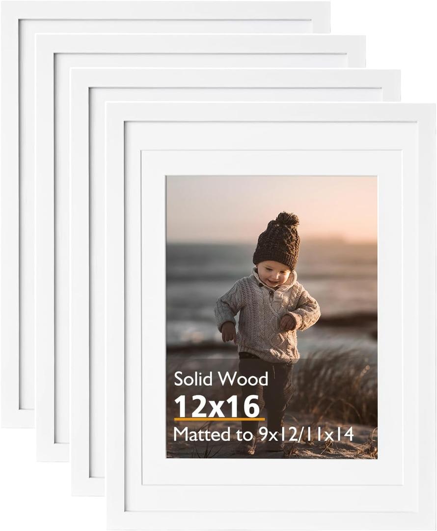 KINLINK 12x16 Picture Frame White - Solid Wood Frames with Acrylic Plexiglass for Pictures 11x14/9x12 with Mat or 12x16 without Mat, Tabletop and Wall Display Photo Frame, Set of 4