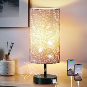 Bedside Table Lamp with 2 USB Ports, Modern Touch Control Desk Lamp with Round Flower Flaxen Fabric Shade, 3 Way Dimmable Small Nightstand Lamp for Bedrooms Living Room Dorm Gray Decor(Bulb Included)