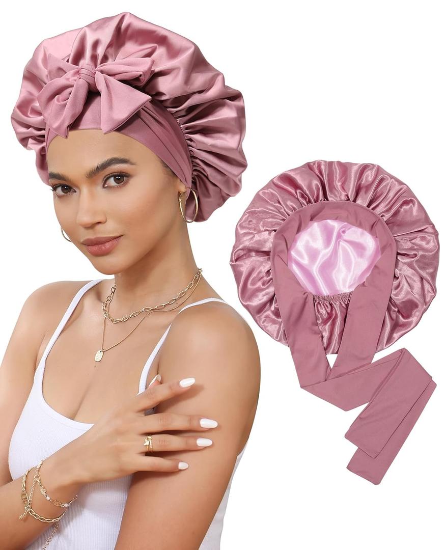 Satin Bonnet for Sleeping Cap Double Layer Hair Bonnet with Elastic Tie Band for Curly Hair Night Cap (Bean Paste + Pink) (One Size)