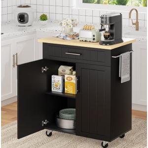 Walsunny Kitchen Island Table Stand with Storage on Wheels, Rolling Kitchen Cart Storage Cabinet with Drawer, Black
