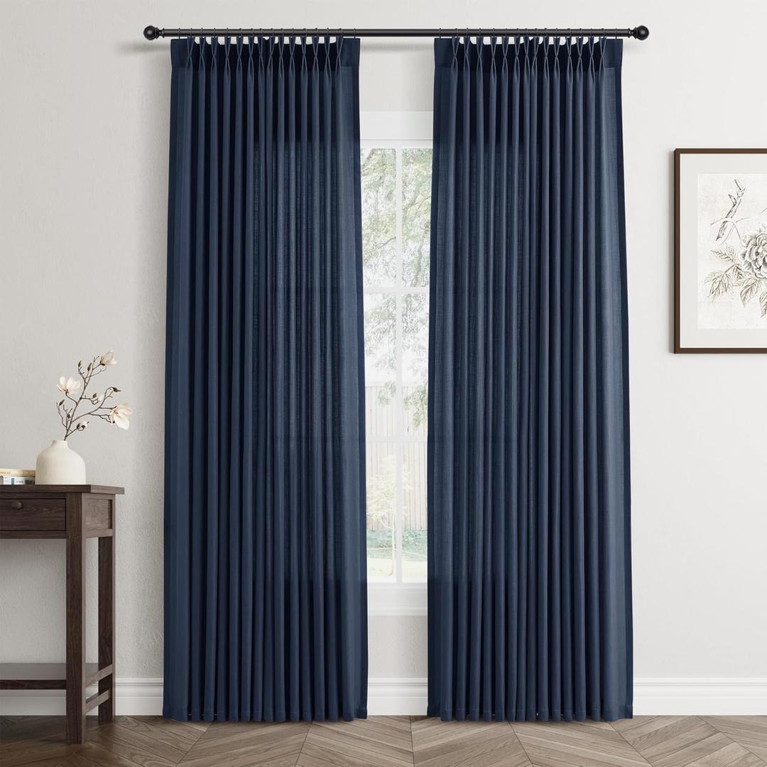 Navy Blue Pinch Pleated Linen Curtains 96 Inches Long 2 Panels Set for Living Room Bedroom Pleated Hooks Rings Back Tab Light Filtering Dark Blue Boho Farmhouse Drapes 96 Inch Length