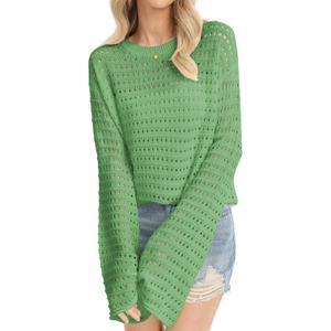 QUALFORT Women's Crochet Sweater, Hollow-Out Knit Long Sleeve Pullover (L)