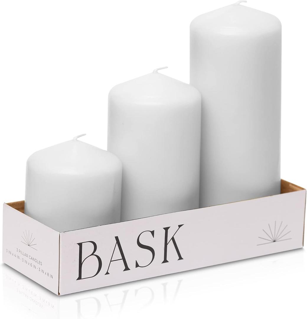 Bask Cone Top Pillar Candles - Elegant White Candles - Set of 3 White Pillar Candles - 3"x4", 3"x6", and 3" x8 - Smokeless and Dripless Decorative Candles for Home Decor and Relaxation