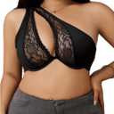 SOLY HUX Bras for Women Plus Size Contrast Lace Bra One Shoulder Cut Out Underwire Bralettes (4X-Large Plus, Pure Black)