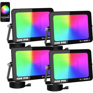 AUXTINGS 150W RGB LED Floodlight,15000LM Smart Flood Lights Outdoor with APP Control, Colour Changing,Timing Scene Lighting for Party Stage Garden Halloween Christmas Decorations,IP66 US Plug,4 Pack