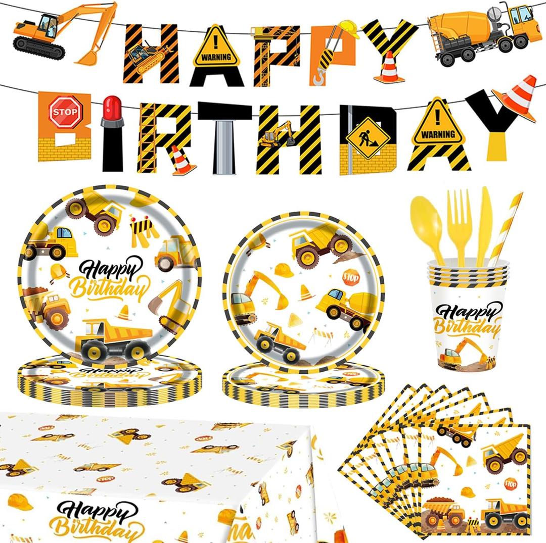 194Pcs Construction Plates Birthday Party Supplies Decorations Serve 24 | Includes Napkins Cups Tablecloth and Banner | Boys Construction Themed Birthday Party