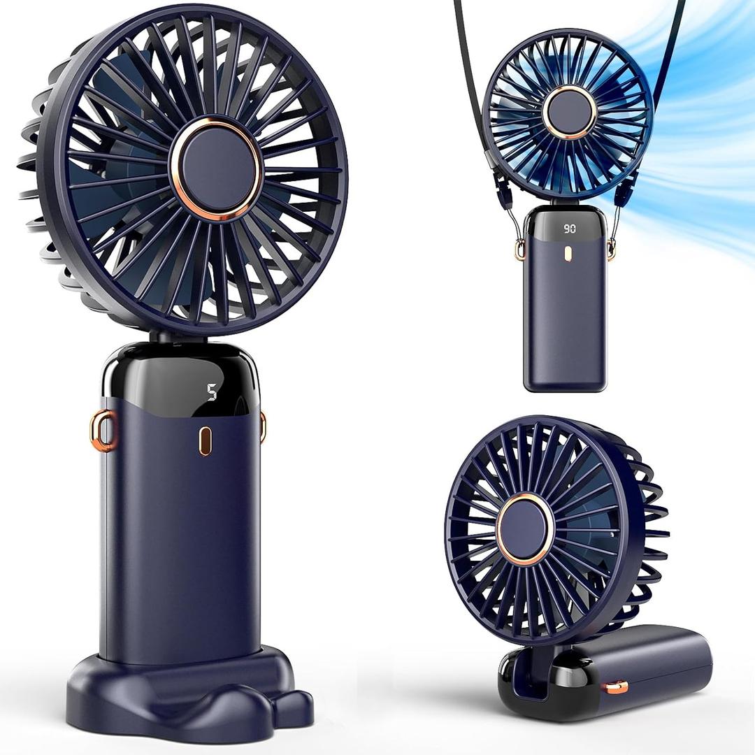 Koonie Portable Handheld Fan, Battery Operated Fan with Base, 8 Hours, Digital Display, 5 Speeds, 90 Ajustable, Rechargeable Mini Fan for Outdoor Indoor (7.4 inch Height, Deep Blue)