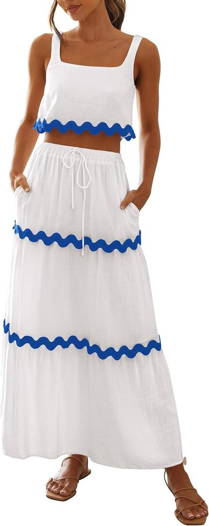 PRETTYGARDEN Women's Summer 2 Piece Beach Outfit Casual Sleeveless Cropped Tank Top High Waisted Maxi Skirt Set (White, L)