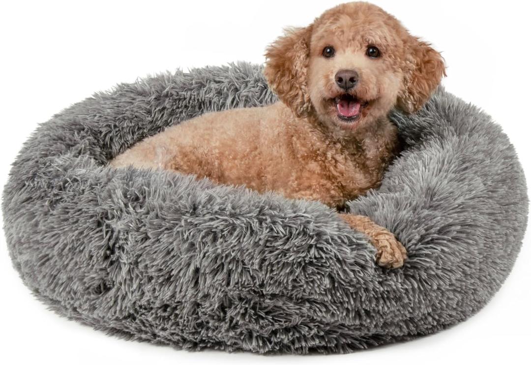 Furhaven 23" Round Calming Donut Dog Bed for Indoor Cats & Small Dogs, Washable, For Dogs Up to 20 lbs - Shaggy Plush Long Faux Fur Donut Bed - Gray, Small