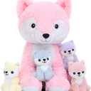 Muiteiur 5 Piece Fox Stuffed Animal Set, Soft Mommy Fox Plush Toy with 4 Cute Babies, Cute Stuffed Animal for Girls and Boys, Fun Gift for Kids, Pink 20inch
