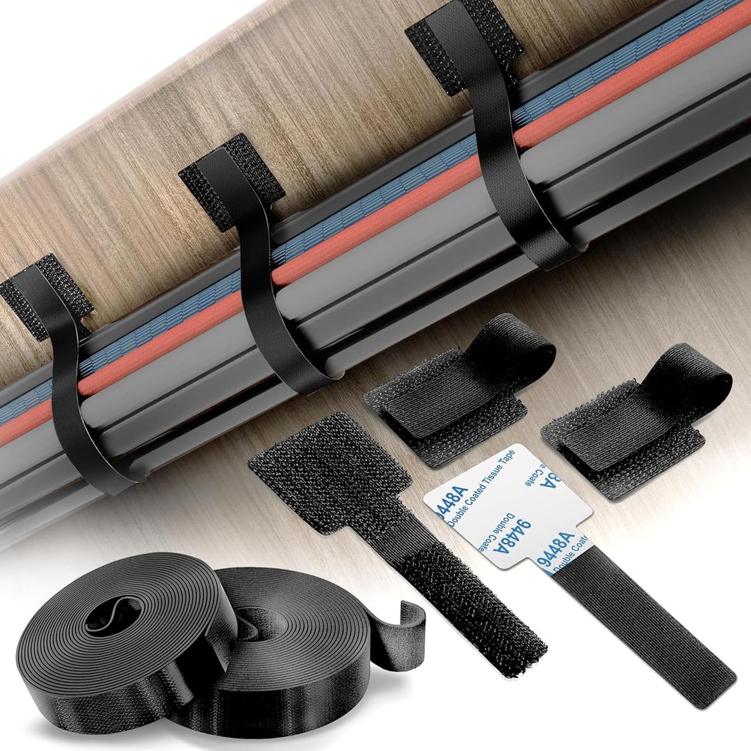 3 x Cable Management Kit 40 Self-Adhesive Hook & Loop Cable Ties with 2 Extension Straps, Strong Adhesive Cord Organizer for Desk, Wall, Home & Office Adjustable Wire Holders (Black)