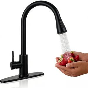 Black Kitchen Sink Faucet with Pull Down Sprayer High Arc Single Handle Stainless Steel Suitable for 1 or 3 Hole Kitchen Sink Faucet with Long 20.5 inches Retractable Hose for Laundry Rv Bar Outdoor