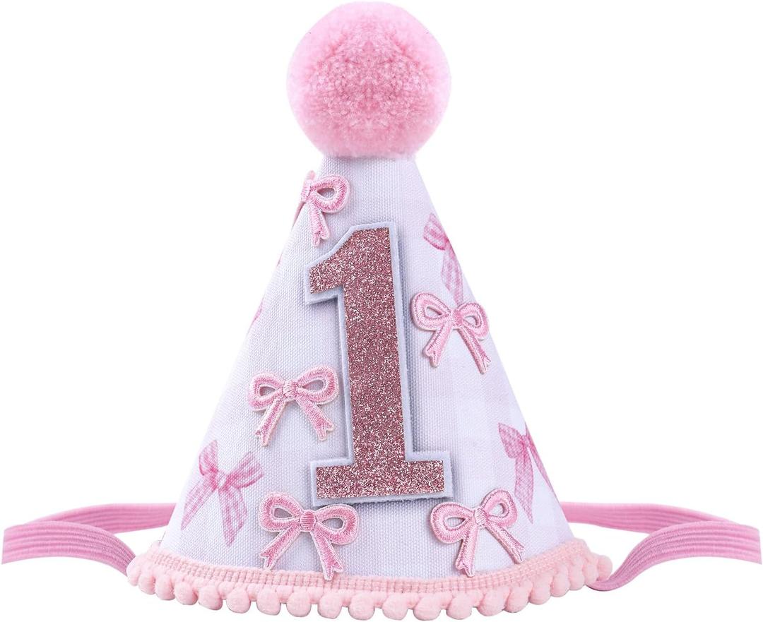 Pink Bow 1st Birthday Hat for Baby Girls - Coquete First Birthday Decorations, White Cone Hat Decor Supplies, Photo Prop