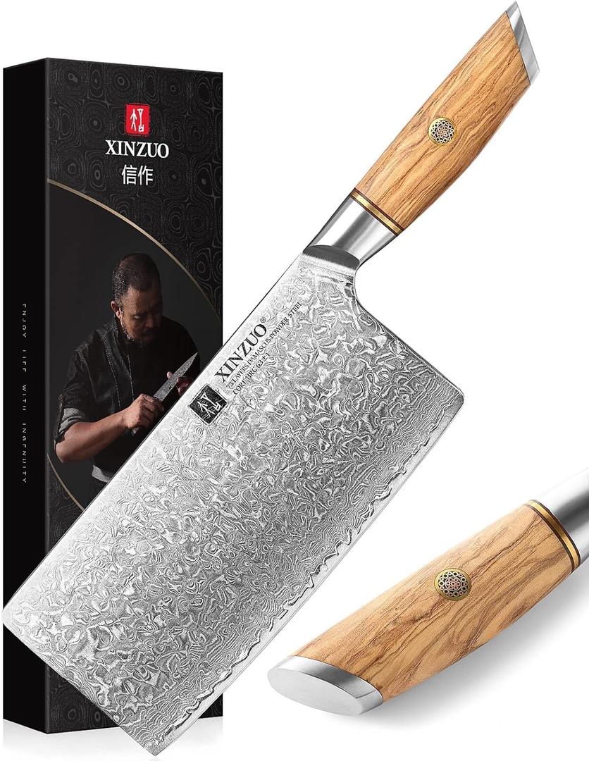 XINZUO Cleaver Knife 7.5 Inch, 73 Layer Damascus Steel Powder Steel Core Chinese Chef's Knife, Multifunction Vegetable Meat Slicing Knife with Olive Wood Handle -Lan Series