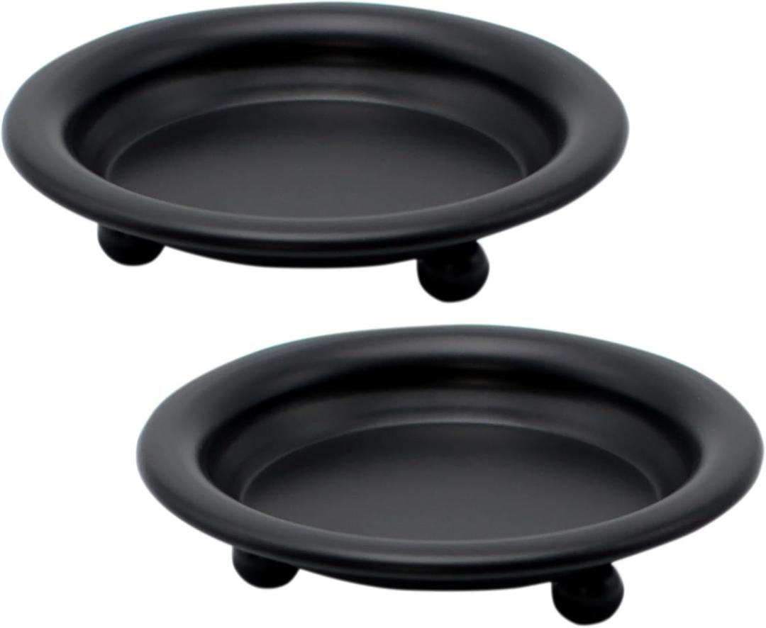 2 Pack Black Decorative Iron Plate Candle Holder 4.33'' Candle Stand Metal Saucer Style Decorative Iron Plate for Pillar/Scented/Flameless/Ball Candles Wax Candles, Incense Cones Spa Weddings (Black)