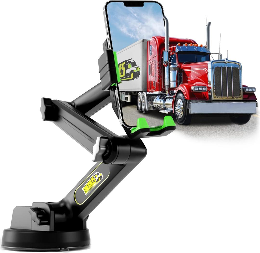 Cell Phone Mount for Truck Phone Holder for Truck Drivers - Heavy Duty Suction Cup + Dashboard Pad, iPhone Holder for Dashboard Window 16.9 inch Long, for iPhone & Samsung, Big Rig Trucker, Green