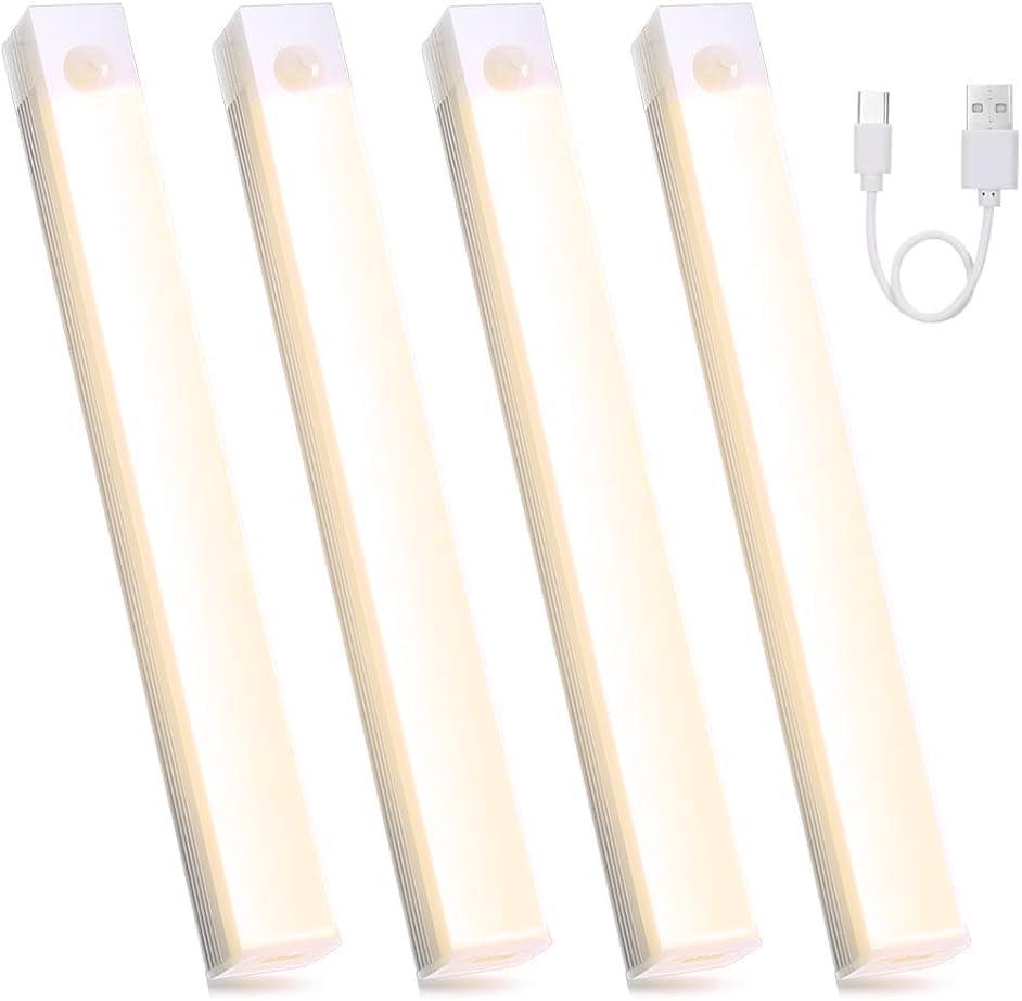 4Pcs Under Cabinet Lights, 12inch LED Closet Light USB Charging Motion Sensor Closet Lamp Indoor Under Counter Magnetic Lights for Kitchen,Bedroom,Wardrobe,Hallway, Stairs.(Warm Light)