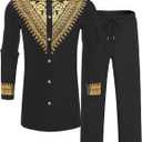 Mens African 2 Piece Set Metallic Traditional Suit Gold Stamp Printed African Dashiki Shirt and Pants Outfit (Large, Black)