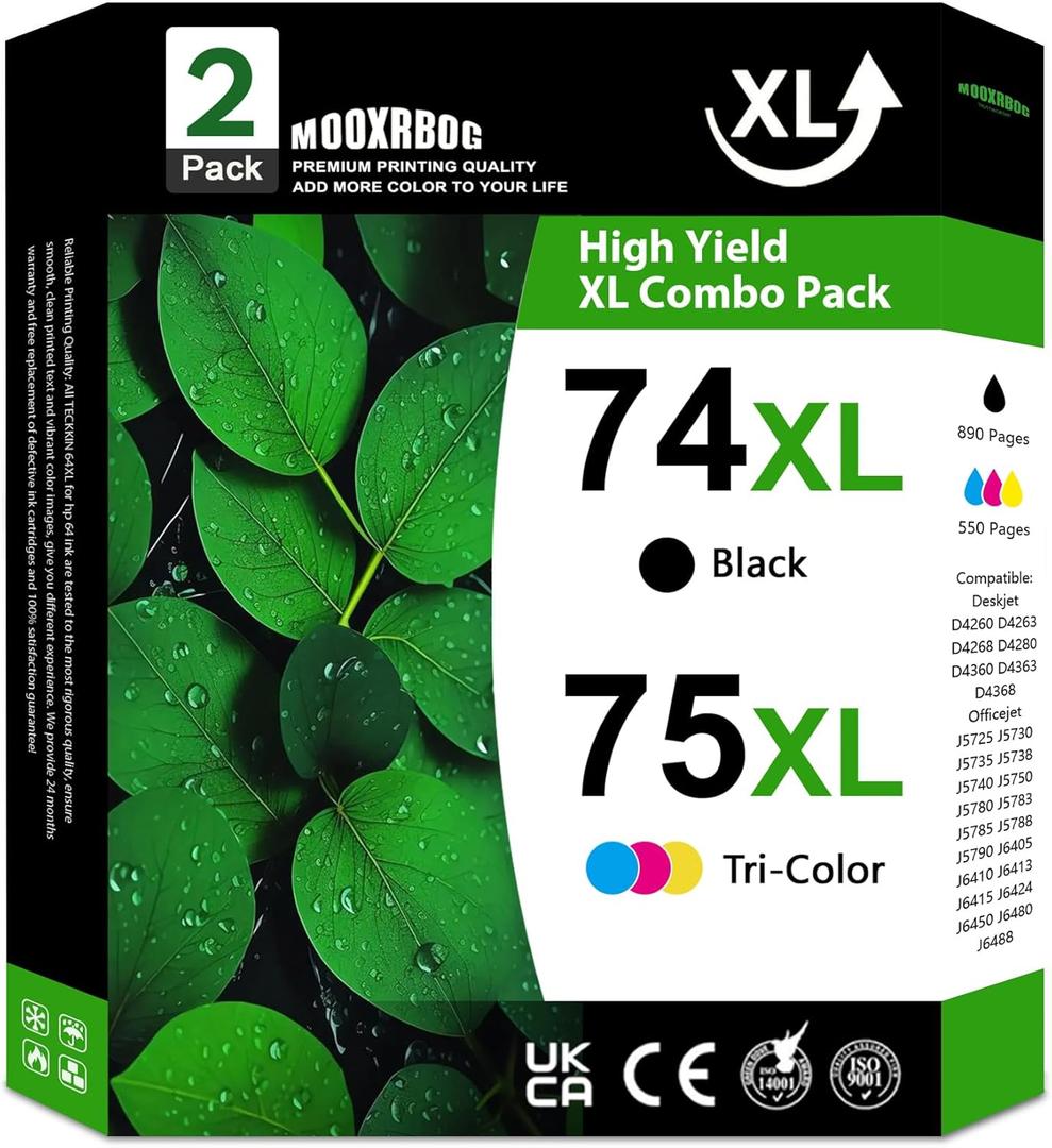 74XL 75XL High-Yield Ink Cartridges (2-Pack, Black/Tri-Color) Replacement for HP 74 75 Ink Cartridge Work for DeskJet D4260 OfficeJet J5725 J5790 J6405 J6488 Photosmart C4280 C4300 C4400 C4500 Printer