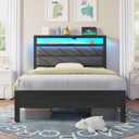 Seventable Bed Frame Twin Size with Charging Station, LED Bed with Upholstered Storage Headboard, Metal Platform Bed with Under Bed Storage, No Box Spring Needed, Noise Free, Easy Assembly, Grey