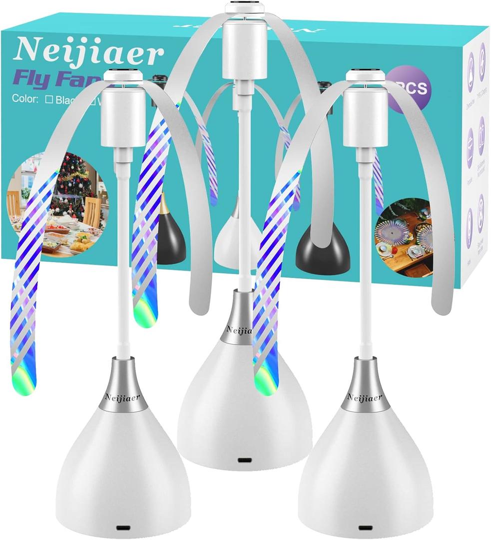 Fly Fans for Tables, USB or Batteries Powered, Soundless and Portable Fly Fan, Practical Fly Repellent Fan with Soft Blades, Keeps Your Food Clean (White 3 Pack)