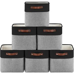 Collapsible Fabric Cube Storage Bins 11x1111, Pack of 6 Closet Basket Boxes with PU Handles for Organizing Shelves, Toys, Clothes, Home, Office(Black&Gray)