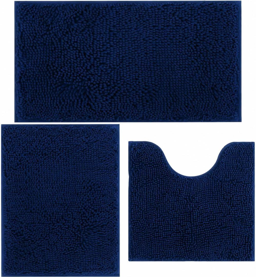 Bathroom Rugs Chenille Bath mat 3 Piece Set, Super Absorbent, Strong PVC Non Slip Backing, Bath mats for Bathroom, Plush Shaggy, Thick, Machine Washable, Bathtub, Toilet, Navy Blue, 20''×32''+16''×24''+20‘’×20'' U Shape