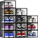 12 Pack Shoe Storage Bins, Clear Plastic Stackable Shoe Organizer for Closet, Space Saving Foldable Shoe Rack, Shoe Box Sneaker Holder Container, Black Frame