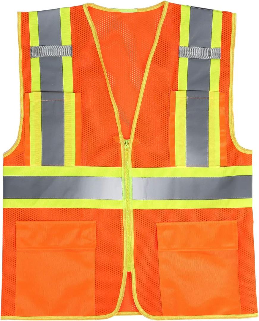 High Visibility Reflective Safety Vest with Zipper and Pockets Orange,M