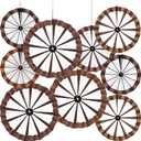 Outus 9 Pcs Western Cowboy Party Decorations Paper Fans Wagon Wheels Straw Hay Bales Hanging Ceiling Wall Decor for Country Western Themed Rodeo Farm Birthday Party Supplies (Wagon Wheels)