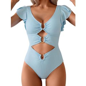 B2prity Women One Piece Swimsuit Tummy Control Ruffle Sleeve V Neck Bathing Suit Cutout Sexy High Waisted Monokini (Blue, XL)
