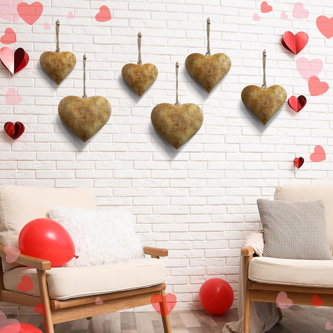 Tandefio 6 Pcs Valentine's Day Vintage Metal gold Heart Wall Hanging Art Decorative Iron Rustic Metal Heart Farmhouse Love Wall Decor 3D Sign Symbol with Hanging Rope for Home Decoration, 3 Sizes