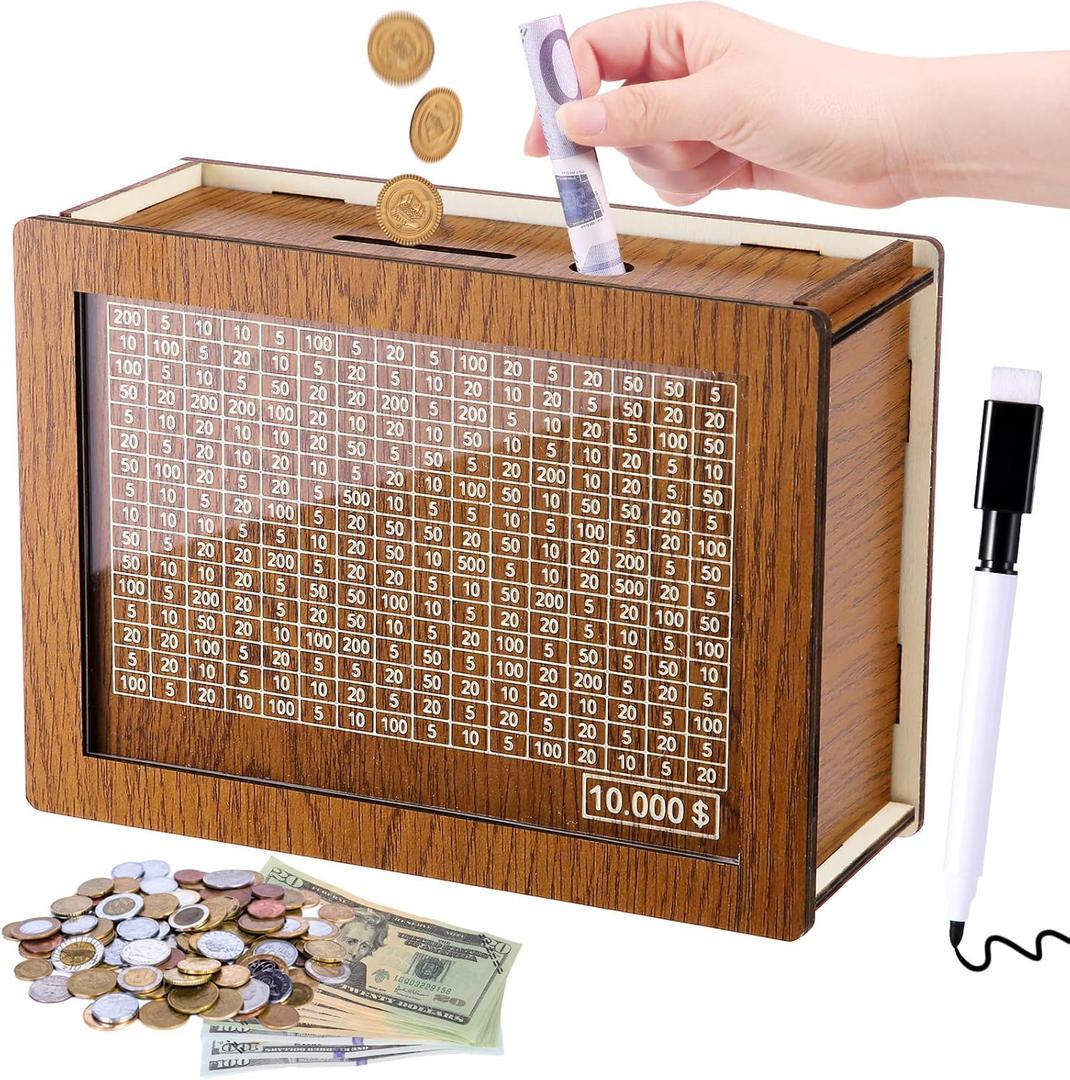 Cash Vault Wooden Savings Box, Wooden Cash Saver Money Box, Cash Coin Retro Money Savings Box with Counter, Saving Challenge Box 10,000, Money Box for Kids Adults (Lightbrown)