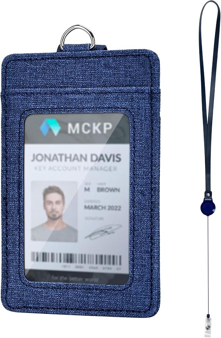 PU Leather Retractable Badge Holder with Clear ID Window & 3 Storage Compartments - Double-Sided Vertical ID Card Holder with Neck Lanyard, 23.6inch Reel & Snap Closure for Nurses, Teachers, Blue