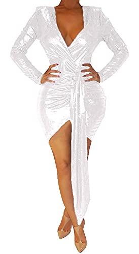 BestGirl Club Dresses for Women Sexy Deep V Neck Long Sleeve Ruched Sparkly Bodycon Mini Dress Silver (Large, Silver)