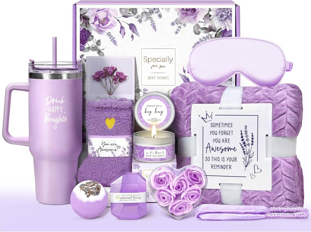 Birthday Gifts for Women Self Care Get Well Soon Gifts, Lavender Relaxing Spa Gift Basket - Care Package w/ Luxury Flannel Blanket & 40 oz Tumbler, Mother's Day Christmas Gift for Mom Her Wife Sister