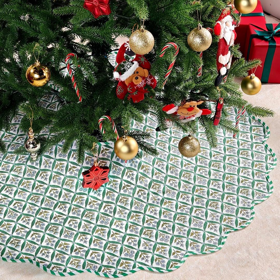 45 Inch Christmas Tree Skirt Vintage Green Floral Block Print Tree Skirts with Scalloped Edge, Classic Xmas Tree Skirt for Merry Christmas Party Holiday Home Farmhouse Indoor Outdoor Decorations