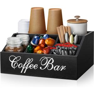 Coffee Station Organizer Pods Holder for Counter, Farmhouse Wood Coffee Bar Accessories and Tea Condiment Basket Storage Organizer Decor
