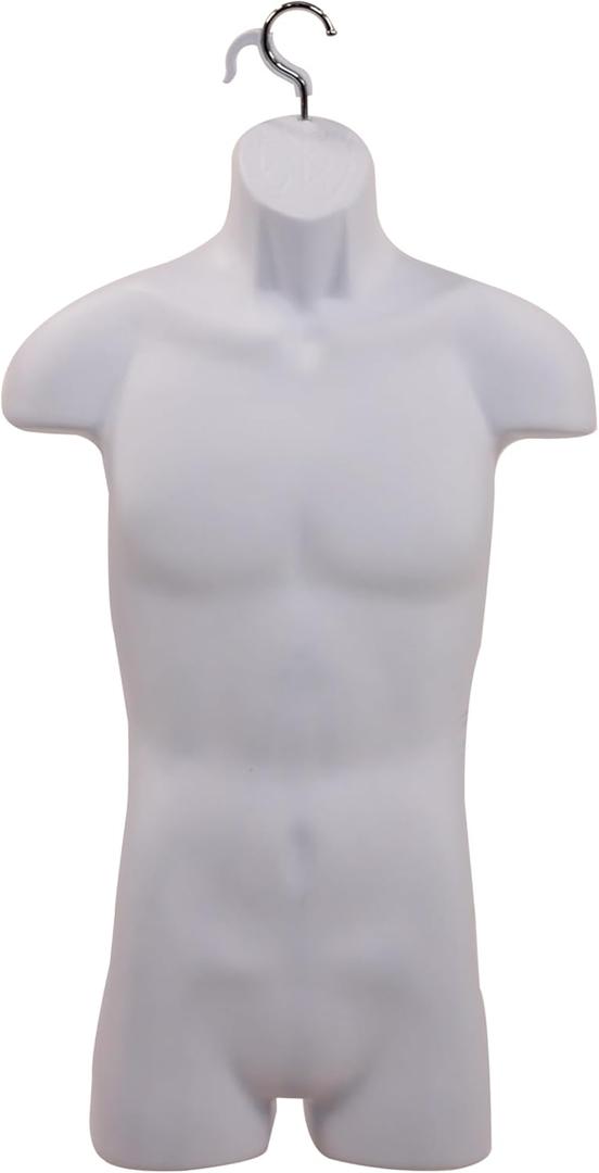 Male Molded Shatterproof White Shapely Torso Form With Hook - Fits Men's Sizes S-L - Hanging Fashion Form Mannequin to Display Top and Bottom Merchandise
