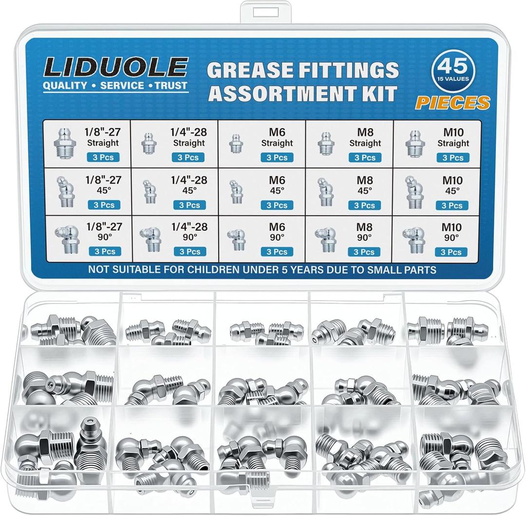 15Sizes Grease Fitting Assortment SAE and Metric Zerk Grease Fittings Kit 1/4 1/8 M6 M8 M10 Straight 45 90 Degree Zerks Nipples (Pack of 45Pcs)