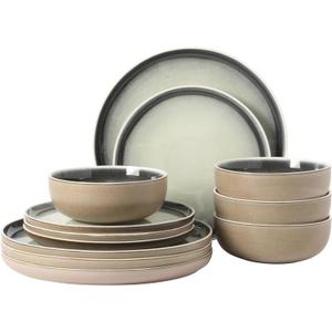 Gibson Elite Island Bay 12-Piece New Bone China Dinnerware Set Service for 4, Reactive Glaze Plates and Bowls, Dishwasher and Microwave Safe, Black and Cream