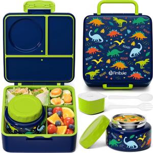 Fimibuke Bento Box for Kids Adult, BPA Free & Leakproof Toddler Lunch Box with 8.5oz Insulated Thermos Food Jar, Utensils & Sauce Jar, Dishwasher Safe 3 or 4 Compartment Container for School Girl Boy (A10. Dinosaur)