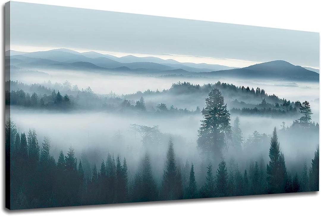  Foggy Forest Canvas Wall Art Indigo Misty Forest Pictures Blue Grey Abstract Mountain Trees Painting Artwork Nature Scene Canvas Art for Living Room Bedroom Home Office Wall Decor 24" x 48"