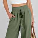 ANRABESS Women's Linen Pants Summer Casual Palazzo Beach Pant Drawstring High Waist Wide Leg Trousers Vacation Outfits, Small, Deep Green (Green)