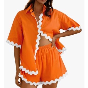 Fixmatti Women Two Piece Summer Sets Short Sleeve Button Down Shirts Size M