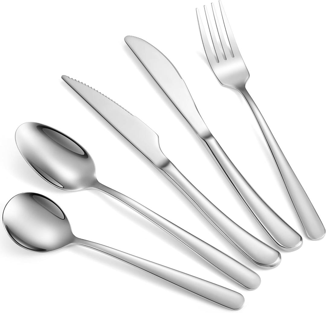 Silver Flatware Set, 18/10 Stainless Steel 20 Piece/Household Stainless Steel Set/Upgraded Knife, Spoon, Fork Mirror Polished, Dishwasher Safe (20 Pieces - Hammered)
