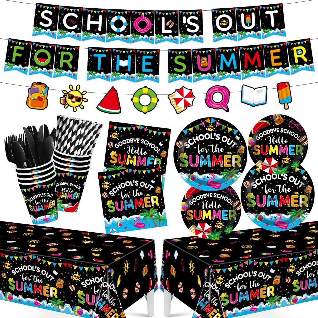 End of School Year Party Decorations, 220 Pcs Schools Out for Summer Decorations Tableware Set Serve for 24 Guests, Summer Final Term Theme Supplies