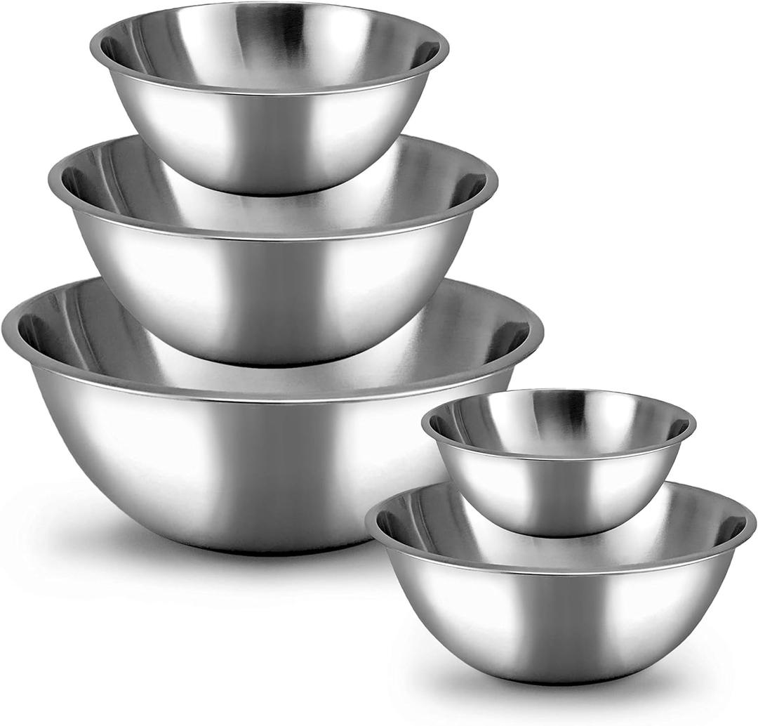 WHYSKO Meal Prep Stainless Steel Mixing Bowl (5-Piece Set) Home, Refrigerator, and Kitchen Food Storage Organizers | Ecofriendly, Heavy Duty, No Lids (Silver)