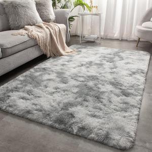 Soft Area Rugs for Livingroom Bedroom, Shaggy Plush Fuzzy Fluffy Carpet Furry Fur Rug, Modern Indoor Comfy Nursery Kids Dorm Home Decor Floor Mat, 5 x 8 ft, Tie-Dyed Light Grey