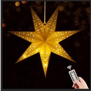 24 Inch Paper Star Lantern with 8 Mode 60 LEDs Firework Fairy Lights, 7 Point Foldable, Hollow Out Star Hanging Decoration for Indoor Outdoor Room Wedding Christmas - 1 Pack